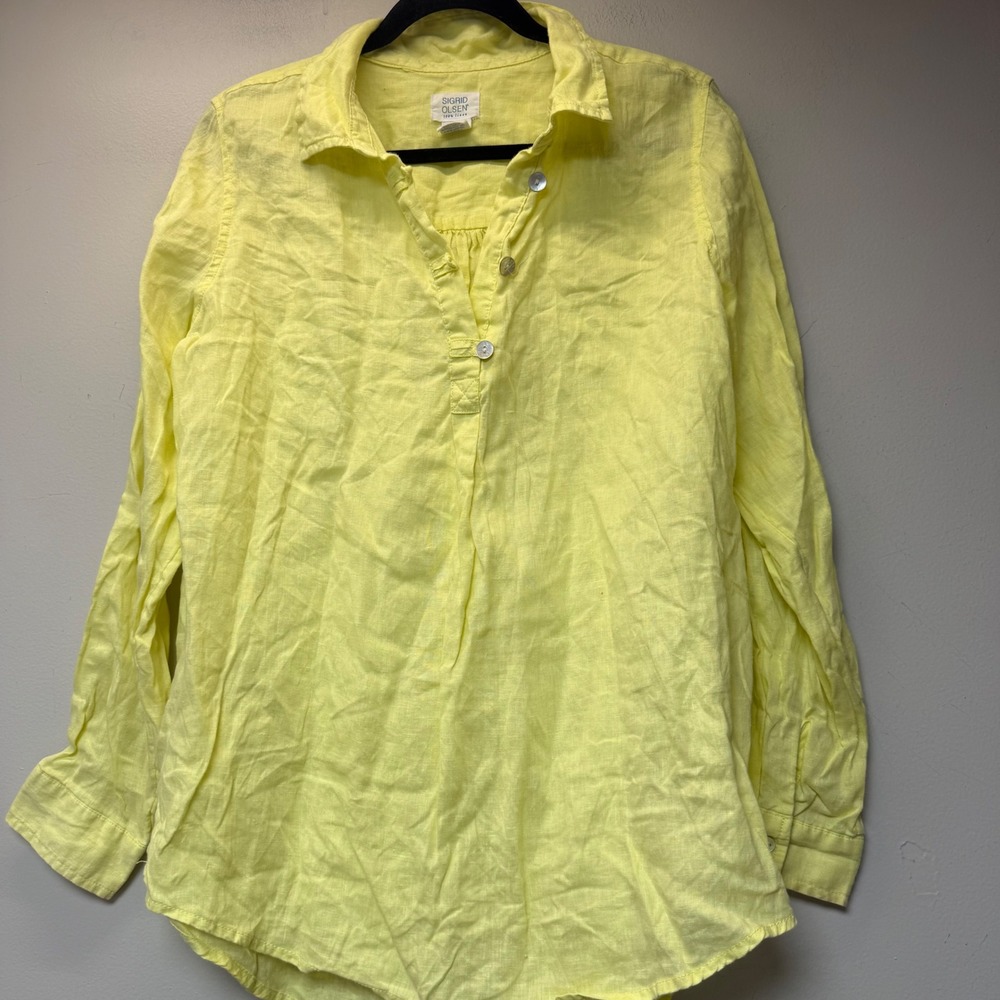Sigrid Olsen Tunic Women Large Yellow Excellent 100% Linen Roll Tab Sleeve Top